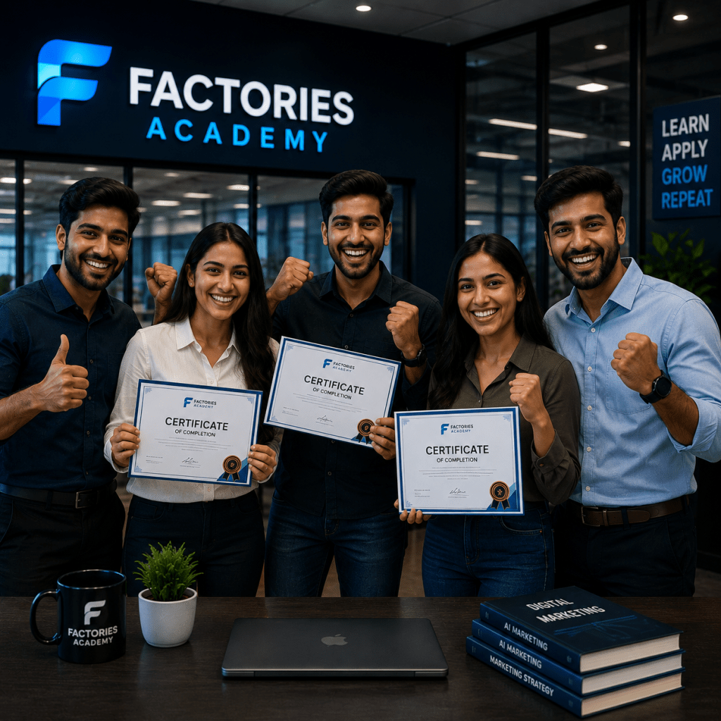 Students celebrating successful completion of a digital marketing course at Factories Academy Delhi